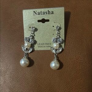 Natasha Couture Silver and White Crystal Pearl Earrings